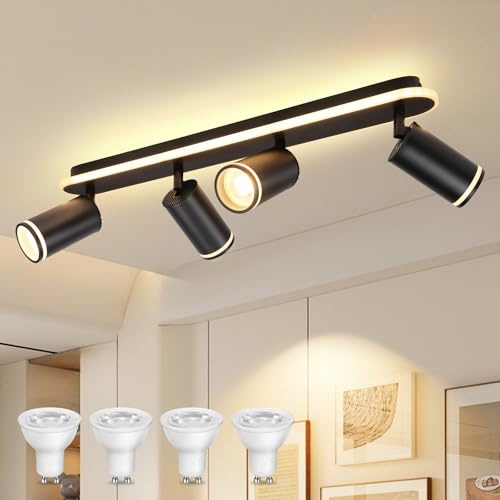 URing Deckenstrahler 4 Flammig Deckenlampe Schwarz 350°Schwenkbar LED Deckenleuchte GU10 Deckenspots Modern Flurlampe Decke mit 4x 5W Leuchtmittel 3000K Warmweiß für Wohnzimmer Küche Schlafzimmer