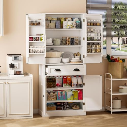 Gxffipw Küchenschrank mit 4 Türen und 1 Schublade, Mehrzweckschrank Hochschrank mit 6 Staufächer und 4 Verstellbare Ablageflächen, Buffetschrank Vorratsschrank, Küchenmöbel, Weiß, 80x40x182 cm