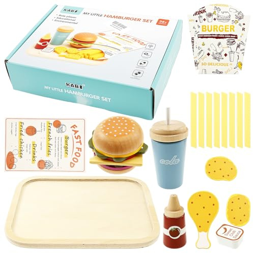 Küchenspielzeug Kinder,Hamburger Spielzeug Holz,Küchenspielzeug Lebensmittel,Realistisches Hamburger Set mit Tablett und Cola Sauce,Rollenspiele Geschenk für Kinder ab 3 4 5 6 7 8 9 Jahre(A)
