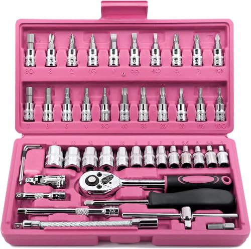 EGOFINE 46 Pieces 1/4 inch Drive Socket Ratchet Wrench Set, with Bit Socket Set Metric and Extension Bar for Auto Repairing and Household, with Pink Storage Case
