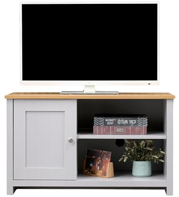 FUSIDE Modern TV Stand Unit with 1 Door and Adjustable Shelves 85cm Media Console for up to 50 inch TVs,Storage Cabinet & Oak Top, White/Grey (Grey+Oak)