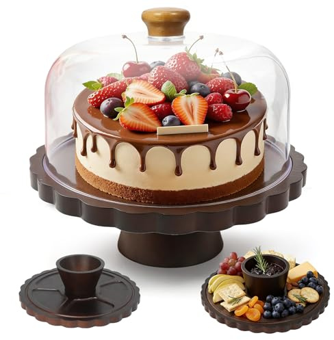 LZDMY Tortenplatte mit Deckel, 2-in-1 Multifunktional Tortenständer aus Holz, Kuchenplatte mit Fuß Tortenglocke Acryl, Kuchenständer für Küchen und Party