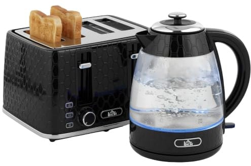 HOMCOM Wasserkocher Toaster Set, 1,7L 2200W, Glas, 4-Scheiben, Schwarz | Schnellkoch-Wasserkocher Mit Kalkfilter, 7 Bräunungsstufen, Krümelschublade
