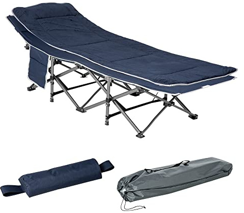 XPSSJMU Campingbett klappbar Feldbett Klappbett mit Kopfkissen Seitentasche Matratze Gästebett bis 150 kg belastbar Reisen Outdoor Oxford Dunkelblau 188 x 64,5 x 53 cm