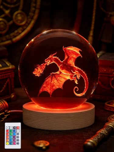 Ammonite Drachen Nachtlicht, 16 Farben mit Fernbedienung, 80 mm klares Kristallkugel – Coole 3D Figuren Drachen Geschenke für Zimmer Dekoration Geburtstag Weihnachten Jungen Mädchen