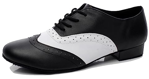 MINITOO Mens Dance Shoes Block Standard Heel Synthetic Leather Ballroom Dancing Shoes QJ9011 Black/White UK 7