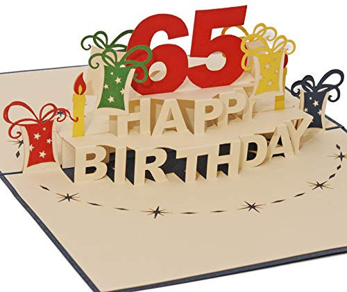 Favour Pop Up® - 3D Glückwunschkarte zum runden 65. Geburtstag. Ein filigranes Kunstwerk, das sich beim Öffnen als Geburtstagstorte entfaltet. TA65B