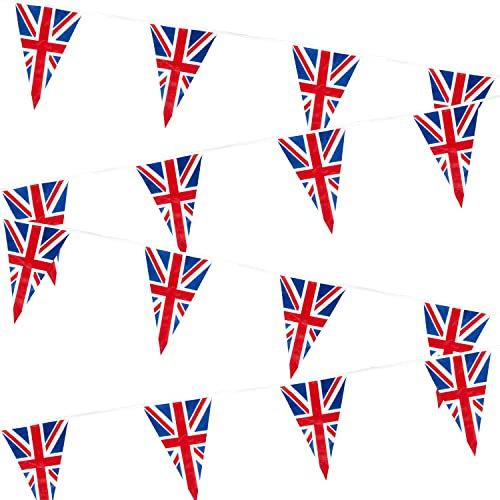 SHATCHI Guirlande de fanions de 40 m de long drapeaux triangulaires pour événements sportifs, pub, barbecue, thème royal, Simple, union jack, 40m/130ft with 100 Flags