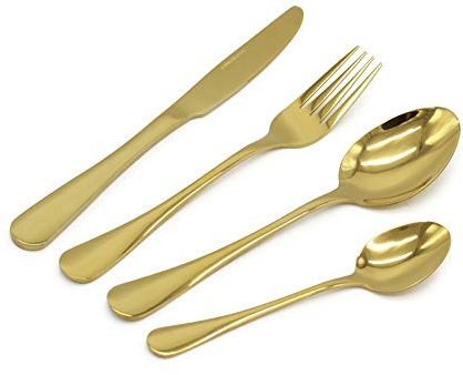 Glim&Glam 32 Piece Stainless Steel Cutlery Sets Gold Spoons Forks Dining Tableware Flatware Dinnerware 32 Piece Set Serving for 8 (Gold, 32pcs Set)