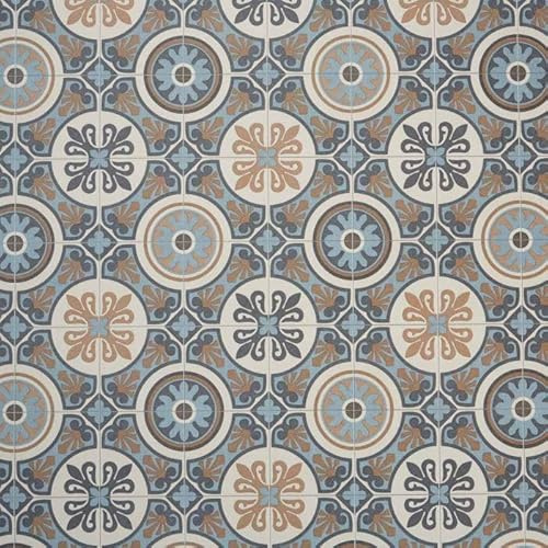 Moroccan Tile Design Cushion Vinyl Flooring Sheet Brown Grey & Blue Patterned Non Slip Lino Conservatory Kitchen Bathroom Floor (Tangier 05, 4m x 2m)