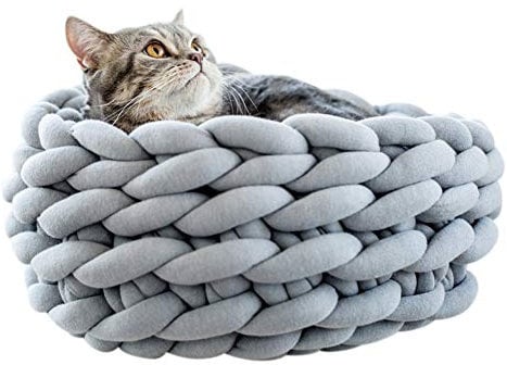 Smilikee Katzenbett Basket Nest Handgestrickter Haustier Schlafsack Dickes, rundes Donut-Haustierbett aus Wolle