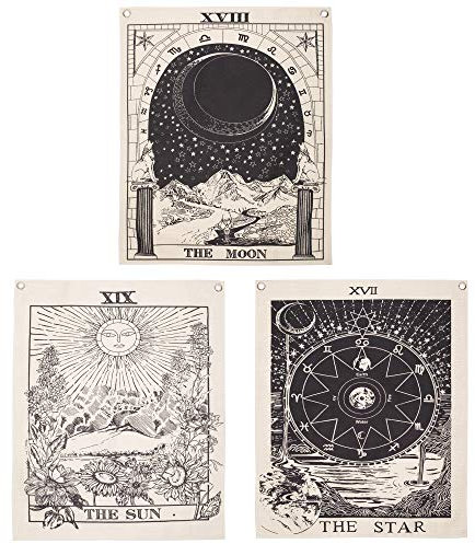 Simpkeely 3 Stück Tarot-Tapisserie, The Sun The Moon The Star Tarot-Karte Tapisserie Mittelalter Europa Wahrsagung Wandbehang mit rostfreien Ösen