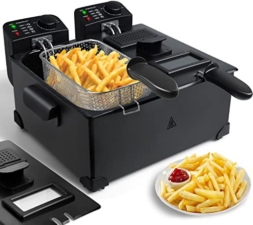 Aigostar Deep Fat Fryer with Dual Tanks, Large Deep Fryers with Viewing Window, 6 litres, 2 Chip Baskets and Lids, Adjustable Temperature Control, Stainless Steel, Black