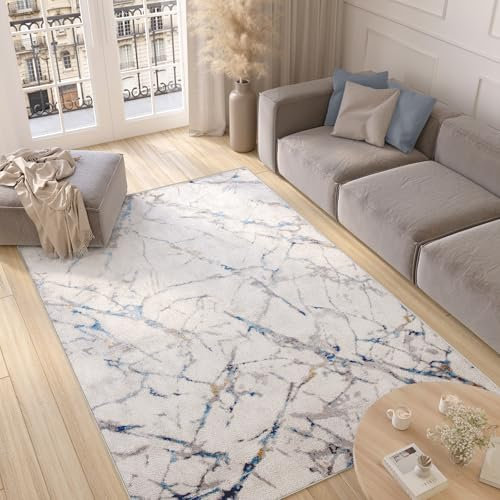 TAPISO Valley Teppich Kurzflor Beige Blau Braun Mehrfarbig Marmoreffekt Modern Abstrakt Schlafzimmer Wohnzimmer ÖKO-TEX 200 x 300 cm
