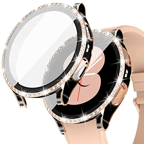 Kamita Glitzer Hülle für Samsung Galaxy Watch FE 2024/Watch 4 40mm, Strasssteine Schutzhülle mit Hartglas Displayschutzfolie, Diamant Härte PC Bumper Case für Galaxy Watch FE/Watch4(Schwarz-roségold)