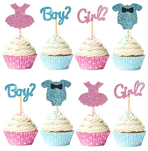Bymivofun 24 Stück Jungen oder Mädchen Cupcake Topper, Glitzer Gender Reveal Kuchen Dekoration, für Geburtstag, Hochzeit, Taufe, Babyparty, Kinderparty Zubehör