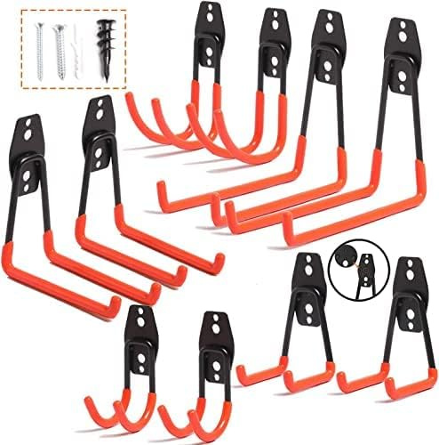 idmans Garage Storage Hooks Steel Tool Hangers for Garage Wall Mount Utility Hooks and Hangers with Anti-Slip Coating for Garden Tools, Ladders, Bikes, Bulky Items (10, Orange)
