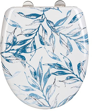 WENKO WC-Sitz Catala, Premium-Duroplast Design-Toilettensitz mit Easy-Close Absenkautomatik & Fix-Clip Hygiene-Befestigung aus rostfreiem Edelstahl, antibakteriell & kratzfest, 38 x 45 cm, Weiß/Blau