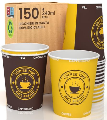 150 Bicchieri in Carta 240ml Ecologici Biodegradabili Monouso Asporto Bevande Calde Acqua Colorati