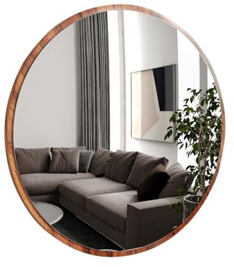 Gozos Moderner Industrial Spiegel Obejo, Walnuss - Runder Wandspiegel mit hölzerner Unterseite und inklusive Montagematerial - Maße 78 x 78 x 3 cm - Runder Spiegel ideal als Dekorationsobjekt