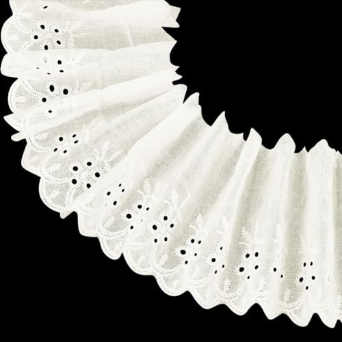 FINGERINSPIRE 15 Yards 95mm Baumwoll Spitzenband Elfenbeinweiß Baumwoll Öse Spitzenbesatz Blumenstickerei Rüschen Spitzenbesatz Schleife Wellenkante, Kleider Babykleidung Tasche Kleidung Für Haustiere