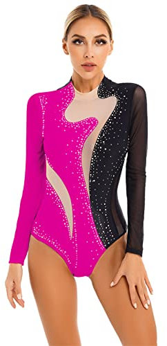 JEATHA Damen Glitzer Gymnastikbody Langarm Turnanzug Ballett Trikot Leotard Mesh Patchwork Gymnastikanzug für Gym Tanz Eiskunstlauf Schwarz&Rosa XL