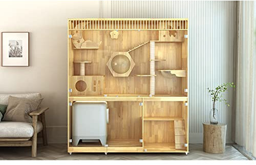 EVSER Katzenhaus/Katzenhütte Cat Villa Massivholz-Katzenkäfig, Katzenschrank, kann intelligente Katzentoilette nach Hause, Katzenstreu, Klettergerüst, Katzenhaus Stellen Katzenhäuser