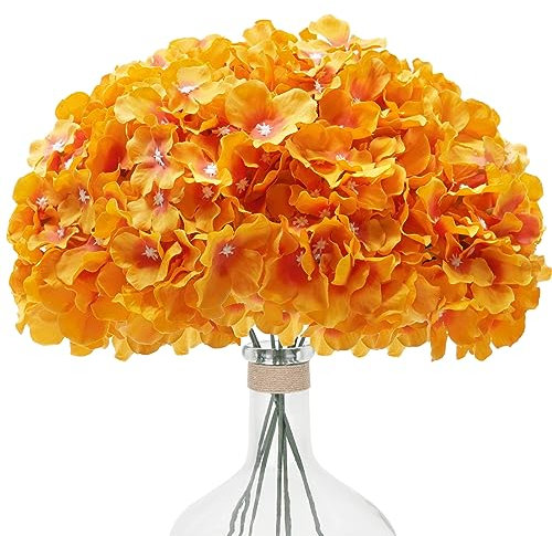 Waipfaru Künstliche Hortensien, Seide, künstliche Hortensien, volle Köpfe mit Stielen, Herbst-Hortensien, Blumensträuße für Hochzeit, Heim-Party-Dekoration (Orange, 10 Stück)
