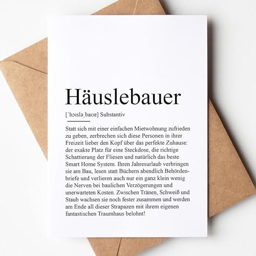 KAMEWI® Grußkarte HÄUSLEBAUER Definition | Klappkarte mit Briefumschlag aus Kraftpapier | Geschenk Hausbau Geldgeschenk Eigenheim