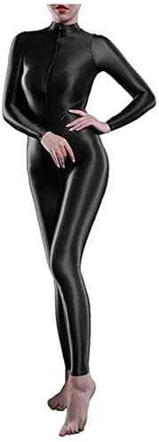 Yaaapiy Damen Glänzend Overalls Ganzkörper Anzug Body Einteiler Bodysuit Jumpsuit Glossy Glatt Strupmhose Leggings Unterwäsche Langarm mit Reißverschluss (schwarz)