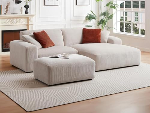 Vente-unique-Ecksofa & Hocker - Ecke rechts - Cord - Beige - TIRONO von Maison Céphy