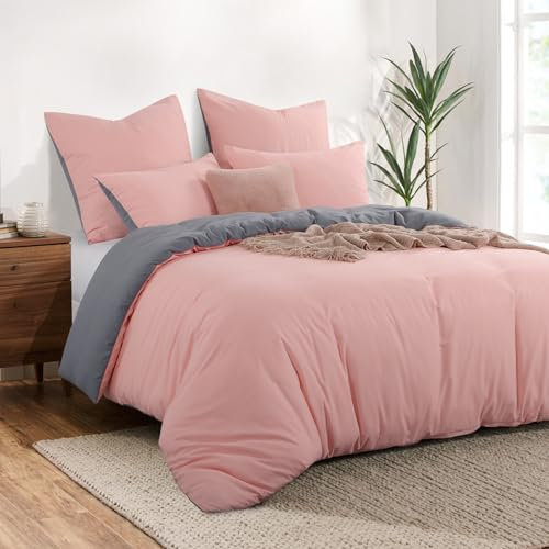 Aisbo Bettwäsche 200x220 3teilig Rosa Grau - Oeko-TEX Wendebettwäsche 200x220cm 3tlg mit Reißverschluss, zweifarbige Bettbezug aus weich Mikrofaser mit Kissenbezüge