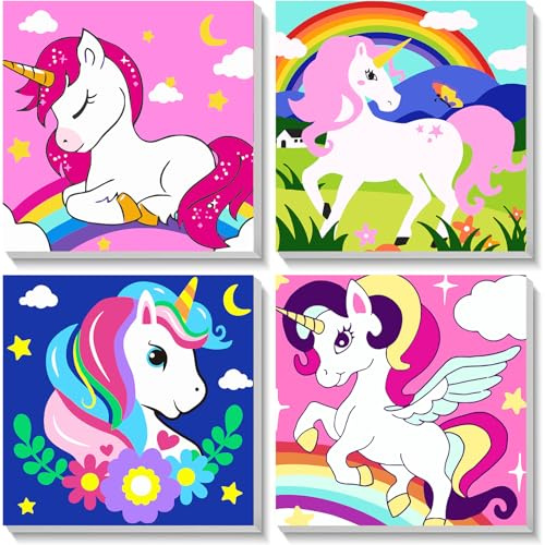 Pujeknm Lot de 4 peintures licorne par numéros à partir de 5, 6, 7 ans, filles avec cadre, mignonne licorne, peinture par numéros pour enfants à partir de 7 ans - Peinture acrylique avec comme cadeau