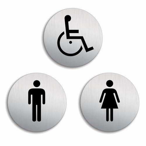 Plaques de Porte - WC Toilettes Hommes Femmes Handicapés Lot de 3 Ø 100 mm Plaque signalétique Aluminium brossé