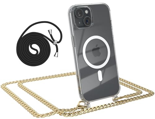 EAZY CASE - Handykette kompatibel mit iPhone 15 Kette zum Umhängen Stoßfest Handyhülle für iPhone 15 Silikon Hülle mit Band aus Metall Transparent als Fallschutz in Metall - Gold
