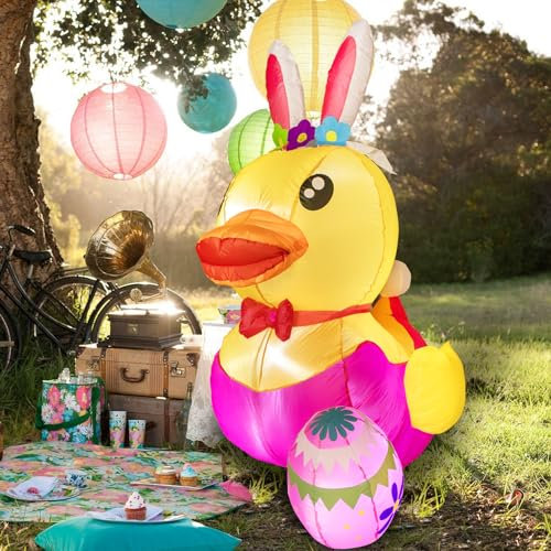 Morejoy Aufblasbare Osterdekorationen, 152 cm große, aufblasbare Osterdekorationen für den Außenbereich, aufblasbare Hasenohren Ente und Osterei, Outdoor-Dekorationen mit LED-Lichtern, aufblasbare
