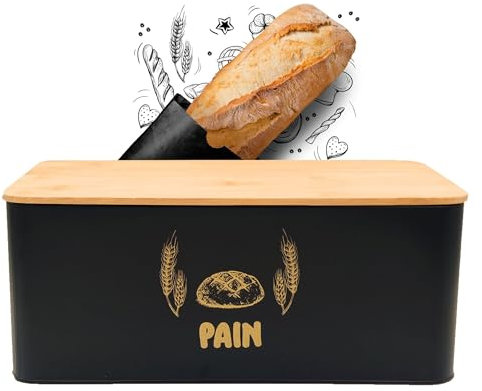 RULJO | Boite à pain métallique Noire-Dorée design avec planche à découper en bambou robuste et pratique.