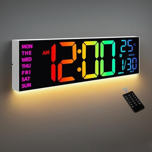 HAITANG 8 Colors Digital Wall Clock, 16.2 Large Digital Clock with Temperature, Date, Auto DST, Night Light, Auto Brightness Dimmer, 24/12-hour Wall Clock for Living Room Office Classroom Gym