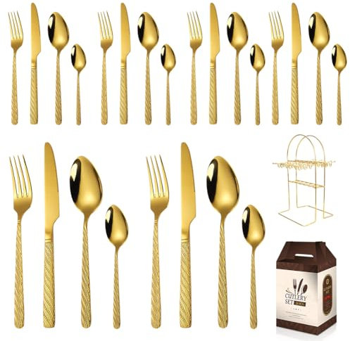 Gold Cutlery Set with Rack, 24-Piece BILLION DUO Flatware Set with Pattern Engraved, Drainer Stand, Excellent Flatware Set for Home,Restuarant, Party Supplies & Buffet Table