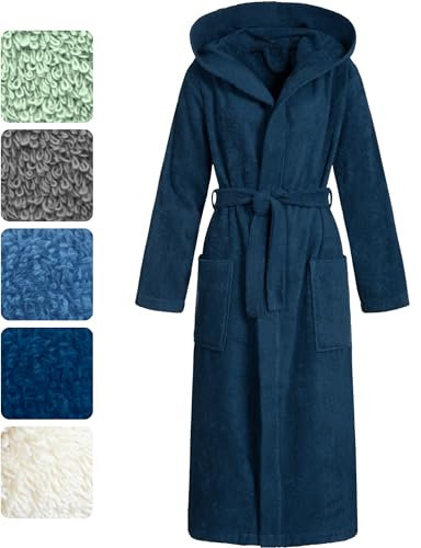 Morgenstern Bademantel Damen 100% Baumwolle mit Kapuze Frottee Saunamantel OEKO-TEX Marina Marineblau Gr. M