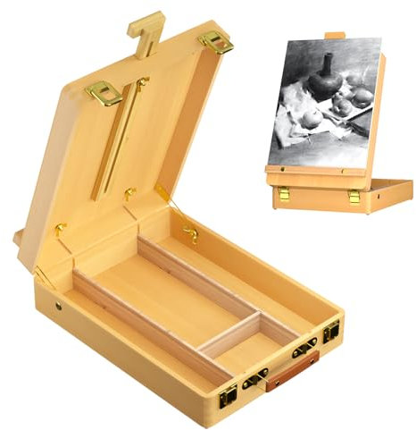 BRIEFNESS Wooden Table Sketching Box Artist Box Easel Portable Storage Easel Box Tabletop Easel Organizer for Artists Students Beginners Drawing
