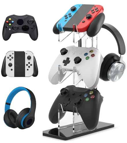 LEKEFETO Soporte para controlador de 3 niveles, soporte universal para controlador y auriculares para Xbox Series, PS4, PS5, PS3, 4 en 1, accesorios de escritorio para PS4