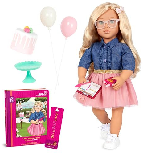 Our Generation – Emily – Bewegliche 46 cm-Puppe – Blondes Haar & grüne Augen – Geburtstagstorte & Partyzubehör – Vorgetäuschtes Spiel – Spielzeug für Kinder ab 3 Jahren