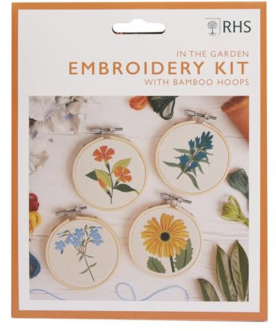 RHS The Royal Horticultural Society Embroidery Hoop Decoration Kit, In the Garden Designs, (Pack Of 4), Embroidery Kits For Adults & Adults Beginners, Gift Idea, Embroidery Pattern