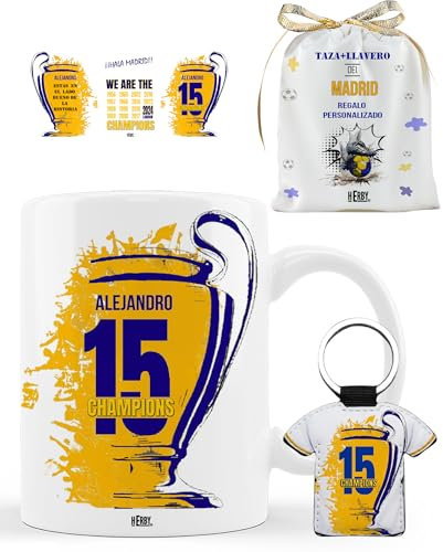 Taza del madrid personalizada con nombre y número más llavero del Real diseño exclusivo 15 champions copa europa que conquista el Madrid 325 ml para cafe te chocolate (15CHAMPIONS)