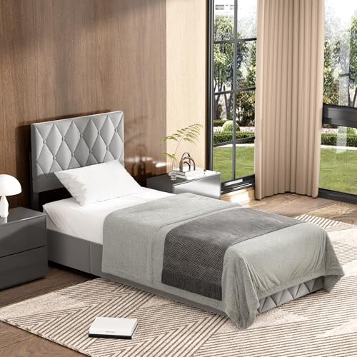 okwish Boxspringbett Polsterbett 90 x 200 cm mit Kopfteil in Knopfnahtverzierung, Hydraulisches Stauraumbett mit Bettkasten Stauraum, Einzelbett Jugendbett (Ohne Matratze)- Hellgrau