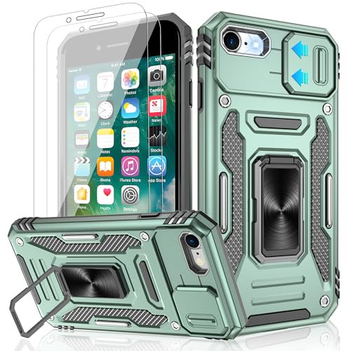 Jshru for iPhone SE 2022 & 2020 Case with Screen Protector,iPhone 7/8 case,[Built-in Camera Cover],Ring Kickstand Phone Cover for iPhone SE 4.7'',Alpine Green