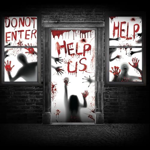 Halloween Decorazioni Adesivo, Adesivo per Porta Finestre Sanguinanti, Adesivi Spaventosi, Impronte di Mani Insanguinate Sagome di Zombie Adesivi (1 Adesivo per Porta + 2 Adesivi per Finestre)