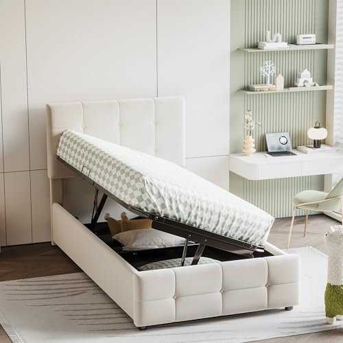 SOFTWEARY Stauraumbett mit Bettkasten und Lattenrost, Polsterbett, Kopfteil höhenverstellbar, Einzelbett, Samt (beige, 90x200 cm)