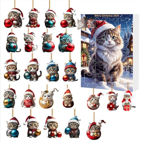 Calendrier de l'Avent de Chat de Noël, Pendentif de chat d'arbre de Noël, Cadeaux de 24 jours pour la Fête de Noël, Pendentif Suspendu de Chat en acrylique 2D, Décorations d'arbre de Noël